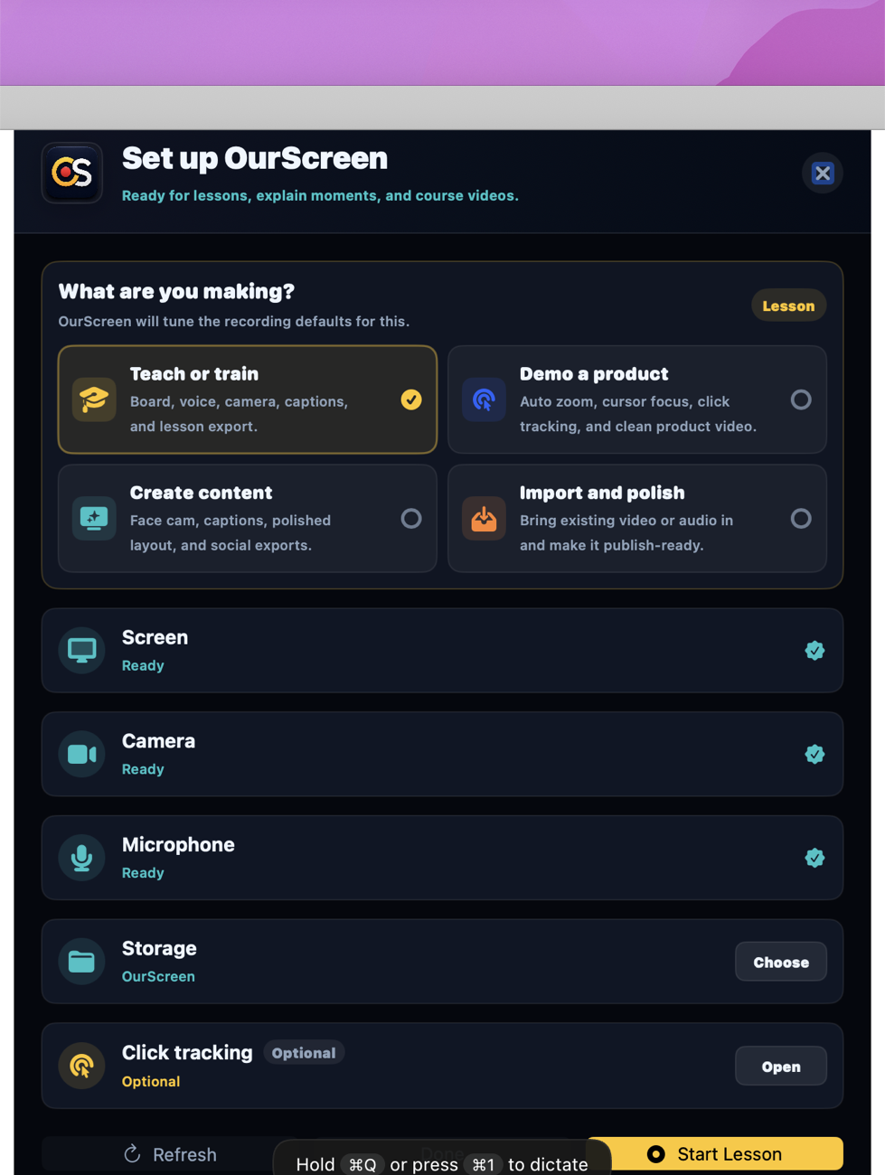 OurScreen Mac app setup preview