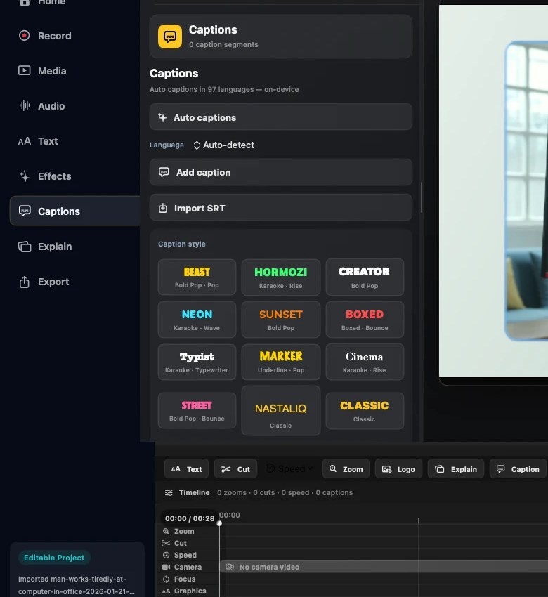 OurScreen caption style picker showing Beast, Hormozi, Creator, Neon, Sunset, Nastaliq, and other caption styles