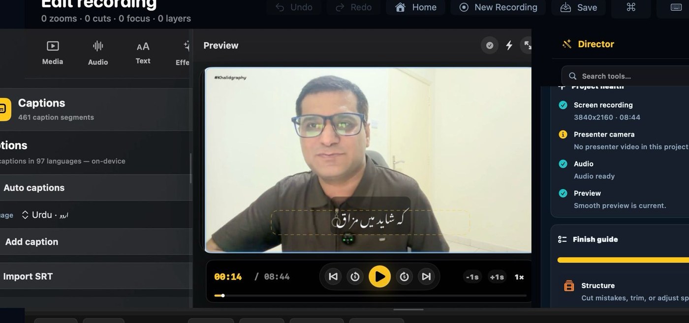OurScreen auto-captioning a real recording in Urdu script, 461 caption segments generated on-device