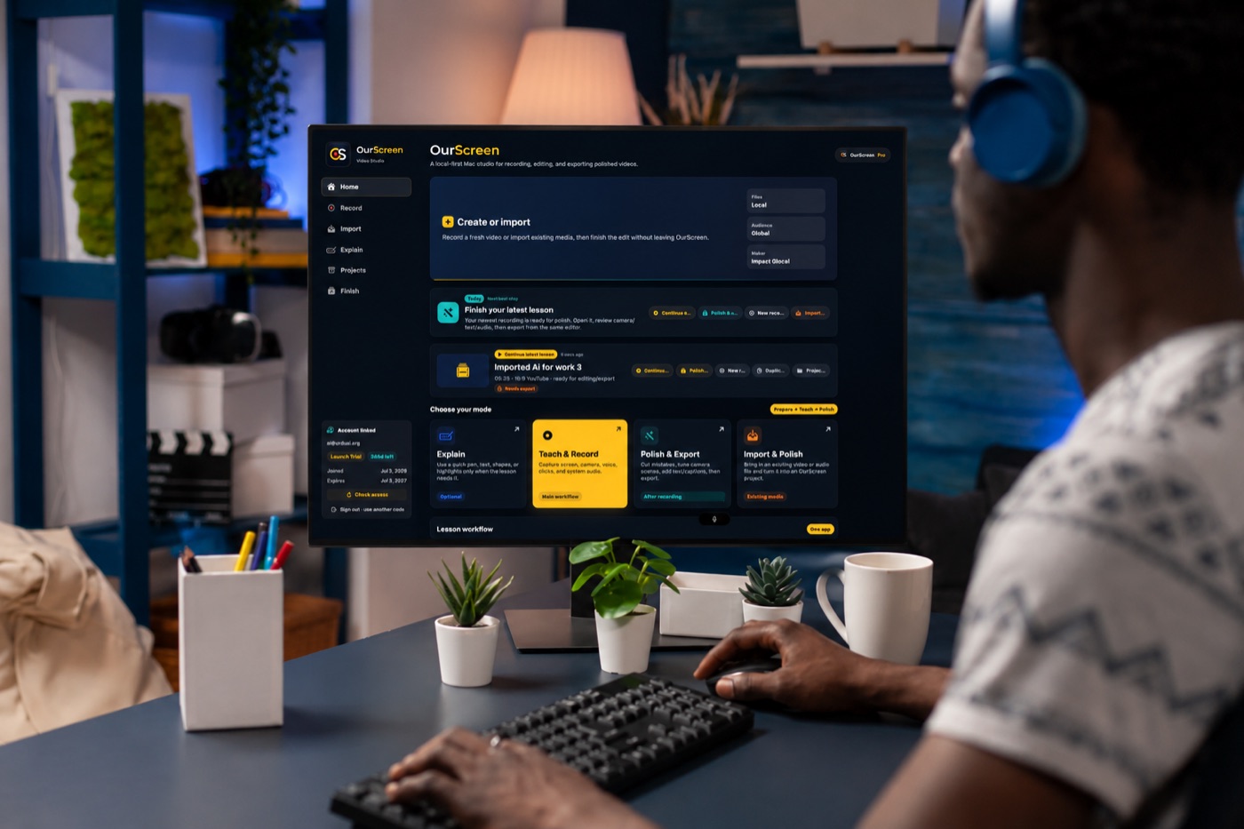 Someone recording a quick walkthrough in OurScreen from a relaxed home desk setup