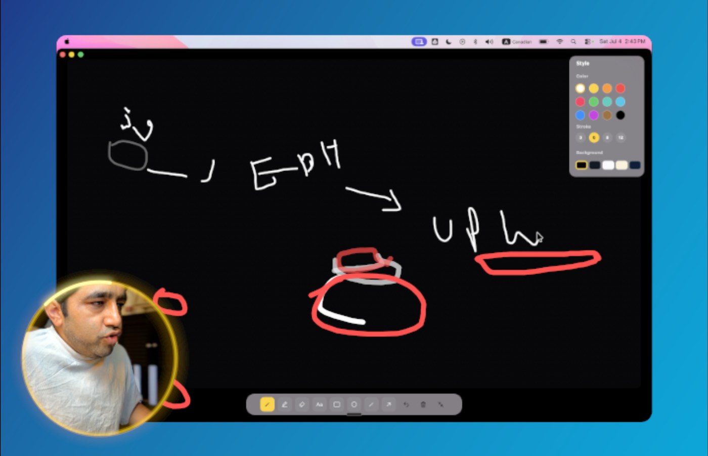 OurScreen Explain mode used as a blackboard, with the presenter's camera glowing gold while they sketch a diagram