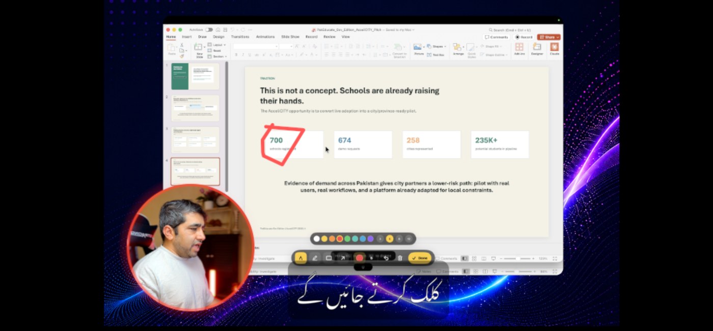 OurScreen Explain mode circling a traction statistic live on a pitch deck slide, with an automatic Urdu caption reading along at the bottom