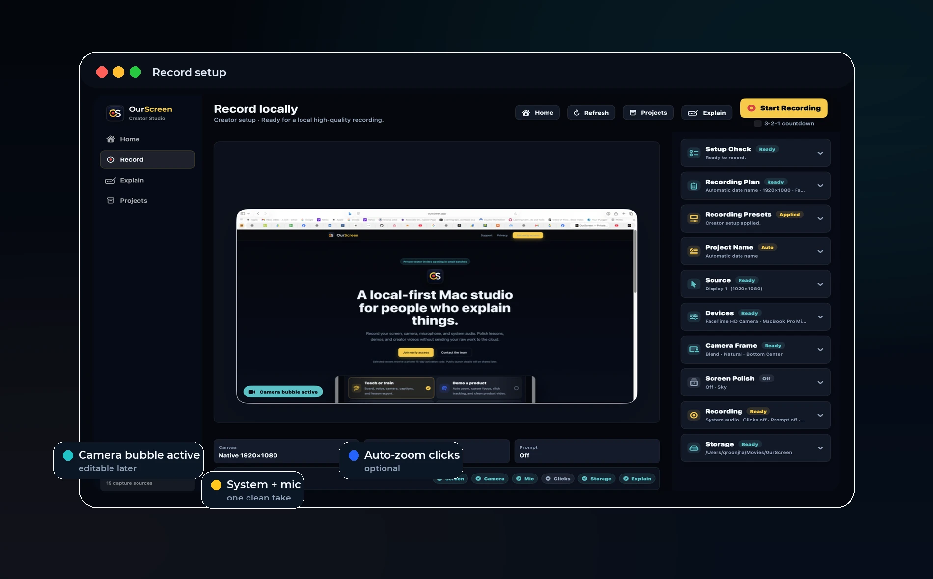 OurScreen product visual for Mac screen recorder system audio microphone