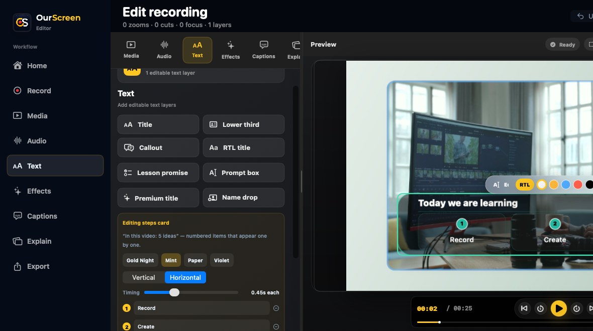 OurScreen's editing steps card building a numbered 'Today we are learning' agenda that appears one item at a time